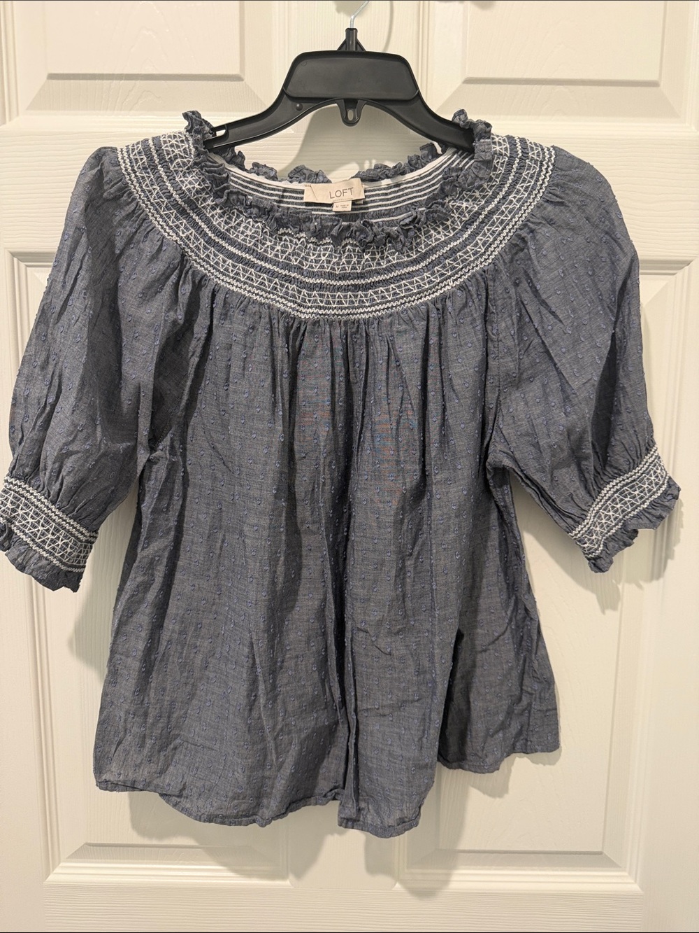 LOFT Chambray Blue Smocked Peasant Blouse